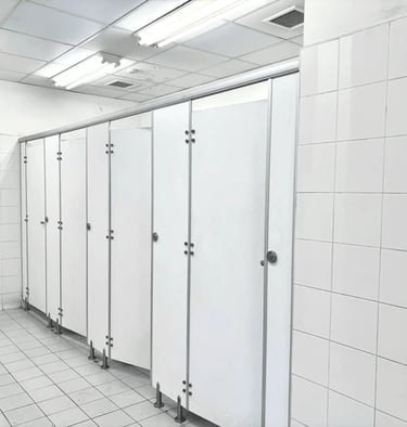 "Stainless steel and nylon accessories for toilet cubicles"
