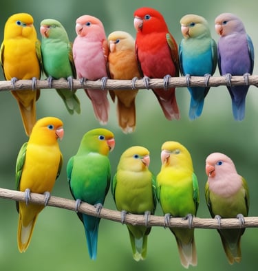 A variety of parrot species in a natural setting.