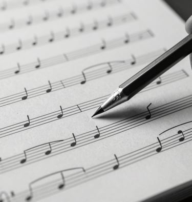 A close-up of sheet music with hand-written notes in pencil, black and white photography, North American / Mexican studio setting, shallow depth of field.