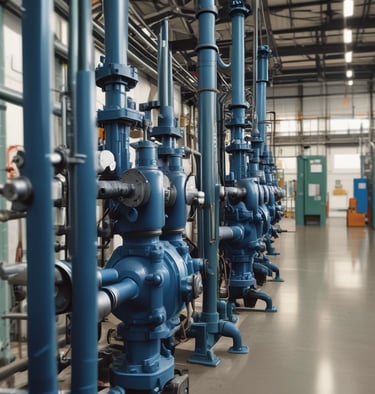 A large red industrial pump is positioned on a pile of rocks. To the right of the pump is a black jug placed on the rocky structure. In front of the pump, there is a shallow water feature filled with spherical objects that resemble small balls. The background includes a building with a white wall and a garden with various plants and trees.