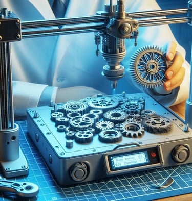 WIKXY Grey coloured, taylormade 3D printed gears on the 3D printer's table. Available at WIKXY 3D Printing in Stoke-on-Trent.