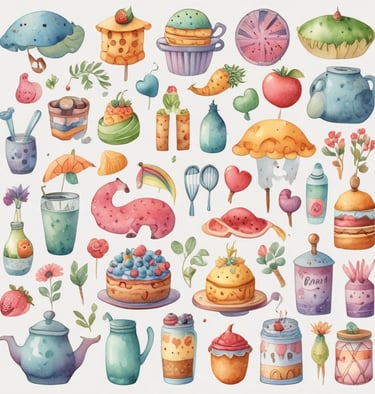 A collage composed of various vintage-style photographs and paintings, including portraits and a black-and-white image of women sitting on a ledge. There are art prints, ribbon, scissors, and decorative items like gold paper clips and pastel washi tape. The collection has a soft and artistic feel.