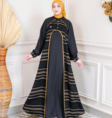 a woman in a black dress and yellow hijab