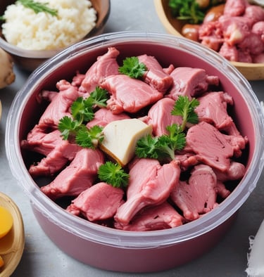 Various cuts of meat are displayed in a refrigerated section, including yearling minute steak and lamb roasts. The meat is placed on trays, with some pieces wrapped in plastic. Price tags are visible, indicating the cost per kilogram.