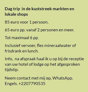 Flyer dagtocht langs de kust in Gambia – markten en lokale winkels. Prijs €85 voor 1 persoon of €65 
