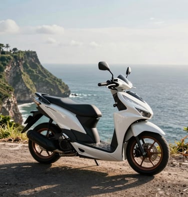 A premium modern scooter parked on a high cliff overlooking the dramatic coastline of Kuta Lombok, high-contrast tropical afternoon light, crisp details of the bike