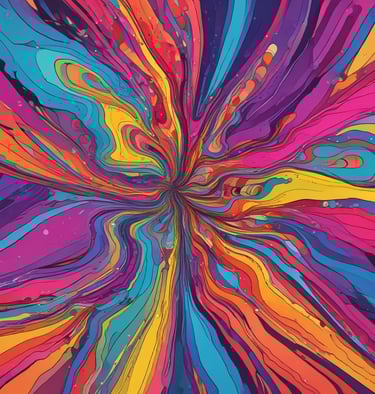 A surreal and vibrant landscape with tall trees lining a dirt path. The foliage is depicted in a psychedelic style with purple and yellow hues contrasting against a deep blue sky.