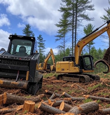 Heavy logging machinery including an excavator safely clearing timber in a forest.