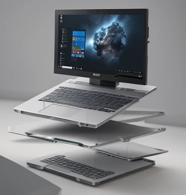 A laptop displaying a website with a search bar at the top and several categorized icons for different services. The laptop is positioned on a light-colored desk in an indoor setting, with the focus on the screen contents and some blurred background elements.
