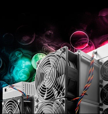 Professional ASIC crypto mining hardware with cooling fans against a dark background with bokeh lights.