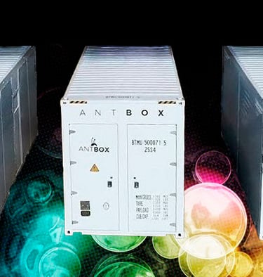 Three Bitmain Antbox mobile crypto mining containers for large-scale data center infrastructure.