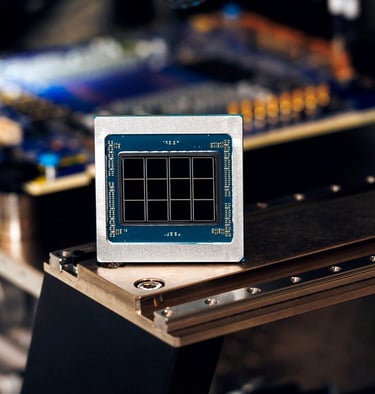 Close-up of a high-performance computer processor chip on a motherboard assembly line.