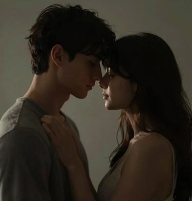 Intimate cinematic portrait of a couple in shadows, highlights in #E2D7C3, dramatic and moody lighting.