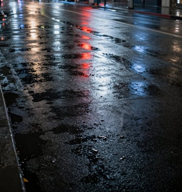 Cinematic night photography of a North American / US city street, neon reflections in light silver on wet pavement, charcoal gray shadows, deep contrast.