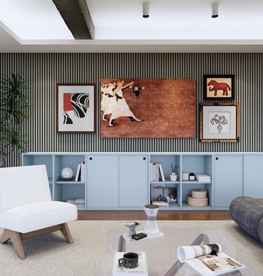 Acoustic slat wall panels installed in modern living room