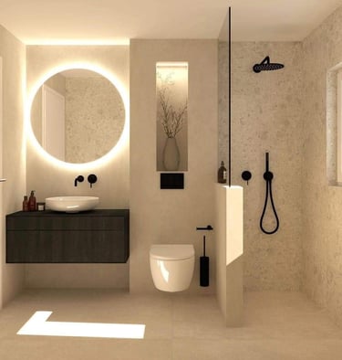 Salle de bains moderne et minimaliste avec miroir circulaire rétroéclairé, meuble-lavabo suspendu et