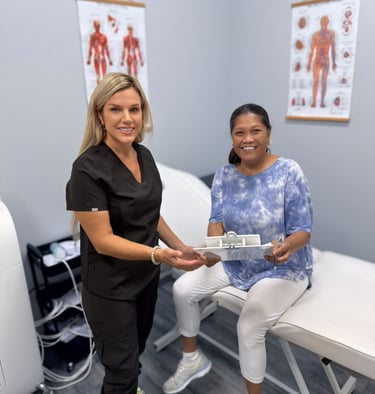 a woman in a doctor's office receiving a checkered checklist
