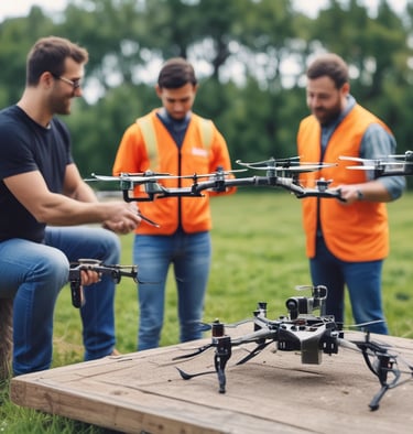 A group training session with drones flying indoors.