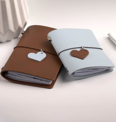 Small Baby Blue Journal with brown heart leather tag laying aside a Standard Sam Brown leather journal