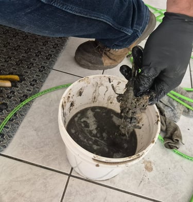 Bucket filled with black solidified grease and debris removed from clogged drain