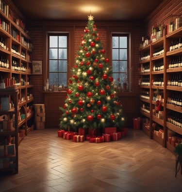 A well-stocked wine and spirits store with numerous bottles of wine displayed on wooden shelves. The shelves feature a range of wines from different regions and spirits in glass bottles, illuminated by soft lighting. Signs indicate different categories such as liqueurs, wines, and special beers.