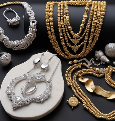 A display case filled with various pieces of gold and silver jewelry, including bracelets and necklaces, arranged in an organized fashion under bright lighting.