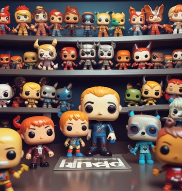 A Funko Pop figure stands on a rough-textured surface in front of a brick wall adorned with colorful mural art, featuring red, blue, and white geometric shapes.