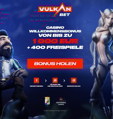 Vulkan Bet Casino willkommensbonus von bis zu 1 000 EUR + 400 freispiele.  Vulkan bet Sportwetten