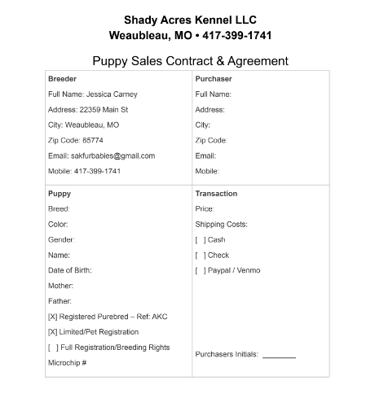 shady acres kennel puppy sales contract