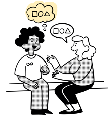 An illustration of two people talking happily