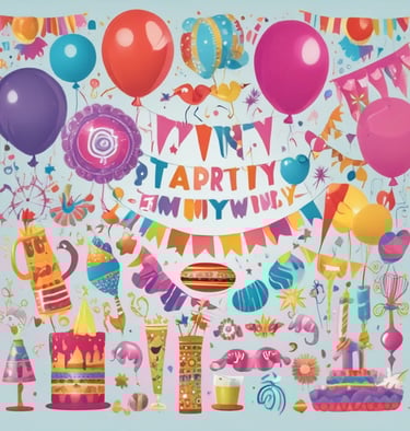 Festive party supplies including balloons, streamers, and hats