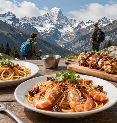 A vibrant split image showing a steaming traditional pahadi meal on one side and a group hiking through lush green mountains on the other