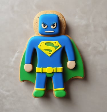 Close-up of a biscuit shaped like a superhero mask with vibrant icing colors.