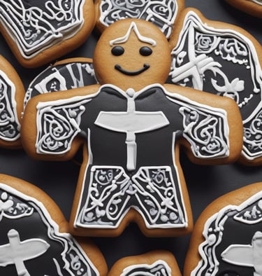 A child happily holding a superhero-shaped biscuit with a big smile.