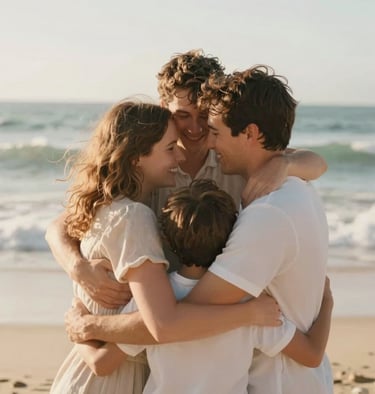 Candid shot of a family group hug at a beach, sun-drenched environment, soft focus on the waves, #F7F2EB and #C06C4C color palette.
