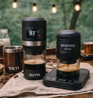 Portable Outin and Wacaco Picopresso espresso makers brewing coffee on a wooden table with a Yeti mug.