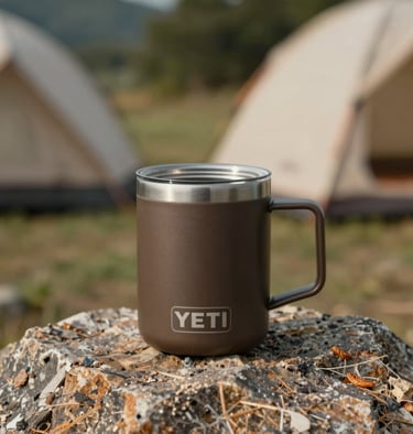 Brown Yeti Rambler camping mug sitting on a rock with tents in the background.