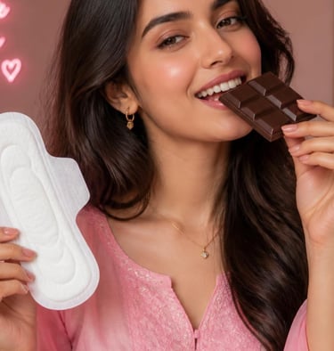 Smiling woman holding a menstrual pad and eating dark chocolate for period relief.