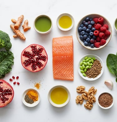 Flat lay of superfoods including salmon, kale, berries, and turmeric for a healthy diet.