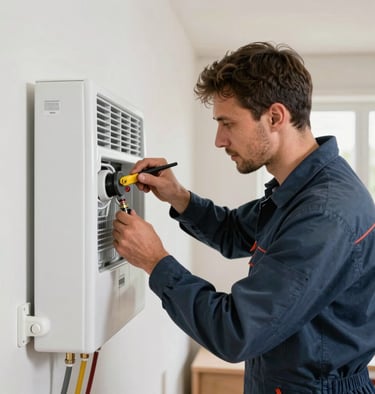 A professional craftsman in slate blue workwear installing a heating system in a modern house, focus on technical precision and cleanliness, Northeastern France / Grand Est.
