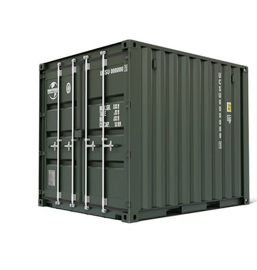A 10ft dark green steel shipping container for secure cargo storage and transport.