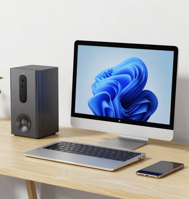 A sleek, modern laptop on a clean white desk with a dark blue accent background.