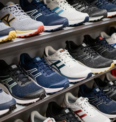 Close-up of a pair of vibrant running shoes on a trail path at sunrise.