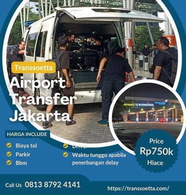 Brosur airport Transfer jakarta background biru bergambar lima orang dewasa sedang menaikan bagasi.