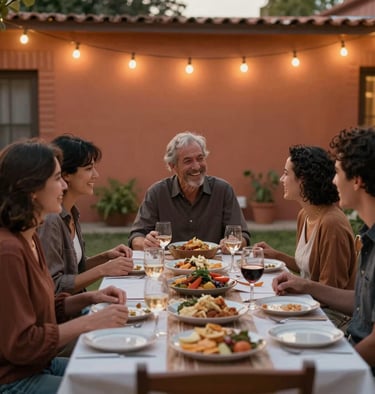 A candid shot of a family dinner in a North American / US backyard. Warm terracotta lighting from string lights, authentic laughter, people in brown and charcoal clothes.