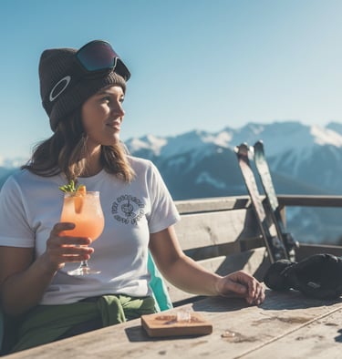 Après-ski mountain lifestyle featuring Dead Cold ski brand t-shirt