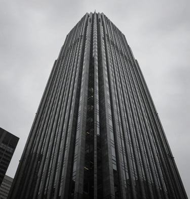A dramatic low-angle shot of a skyscraper in #0F0F0F and #333333, sharp geometric lines against a neutral grey sky, cinematic urban atmosphere.