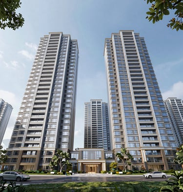 A modern apartment building with balconies and greenery around.
