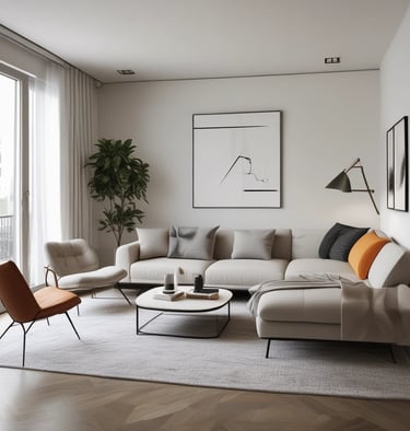 Before and after images of a renovated space blending greenery and warm colors.