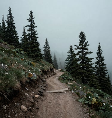 A narrow mountain trail winding through high-altitude pines in the North American / US, misty teal gray mood, minimalist nature photography.